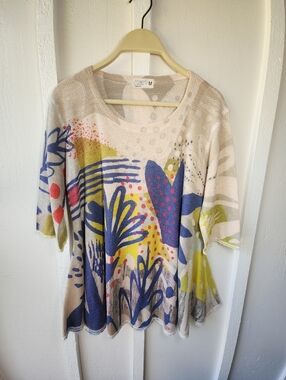 ATELIER 5 By Gozde Yilmaz Knit Multicolored Floral Tunic Lace Trim Size Medium